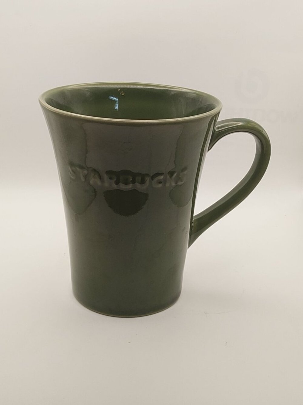 Starbucks Forest Green Embossed Coffee Mug 2011 21 Fl Oz Flared Top Small Chip B